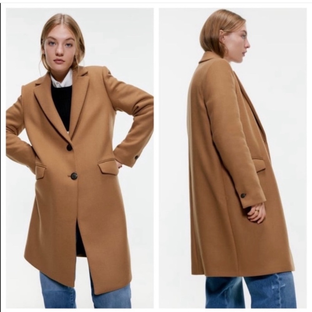 Zara Wool Blend Long Knee Length Camel Peacoat with Pockets XXL